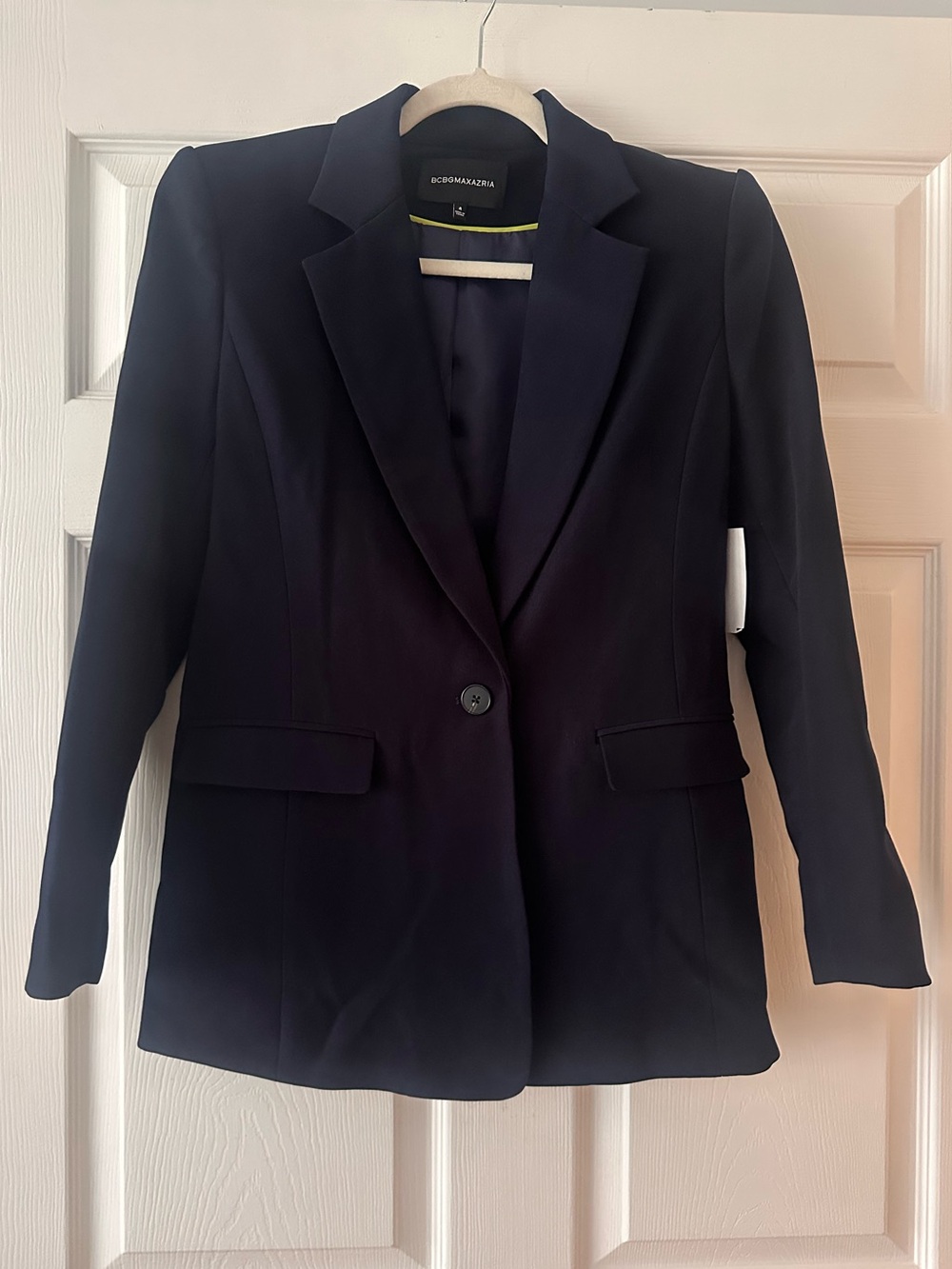 BCBGMAXAZRIA Navy Blue Single-Button Blazer with Gold Cuff Detail